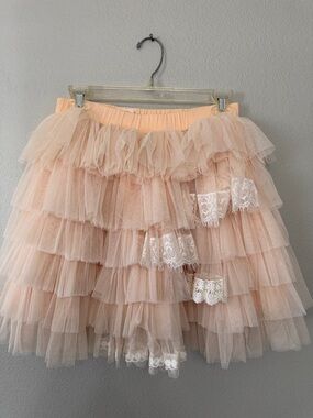 Soft Peach Ruffle Tulle Skirt with Lace Trim Size 6 Cottage Core Fairy Core